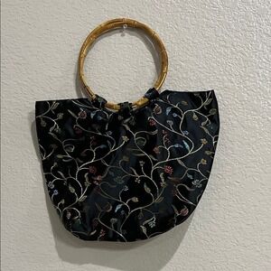 Satin Floral Fabric Small Handbag Purse Bamboo Handles Zip Close Retro Black
